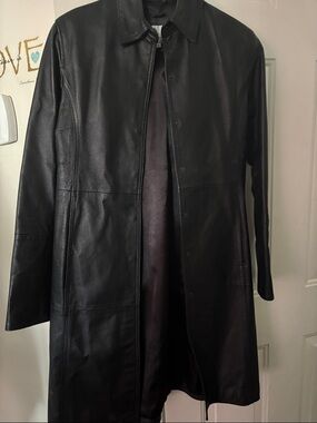 Women's Black Leather Longline Jacket - Classic Collared Coat